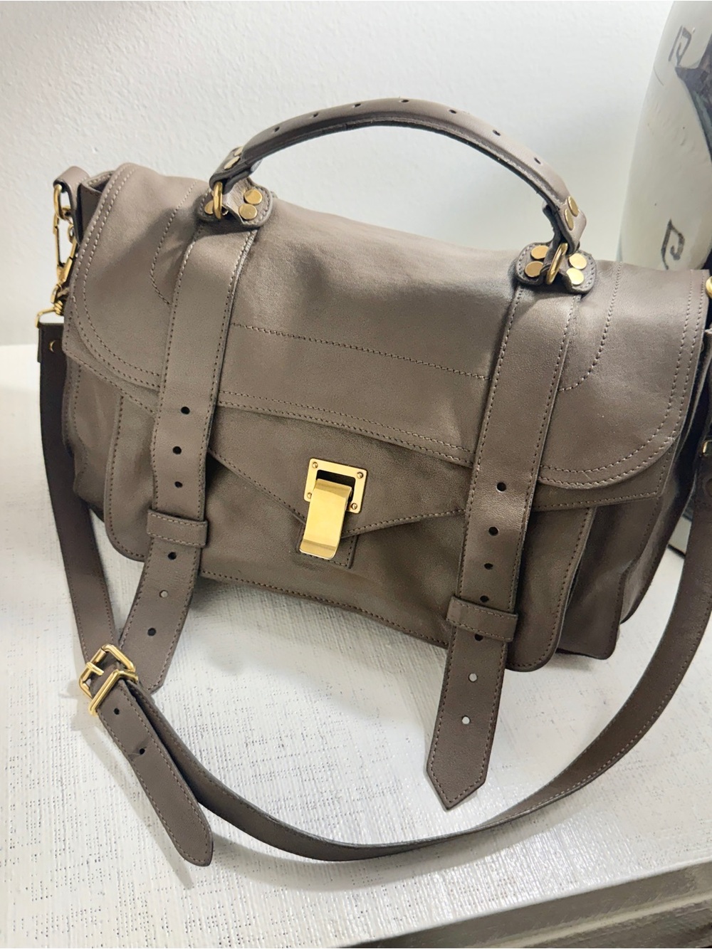 Proenza Schouler Medium PS1 Leather Satchel Bag Taupe Gray Gold Hardware